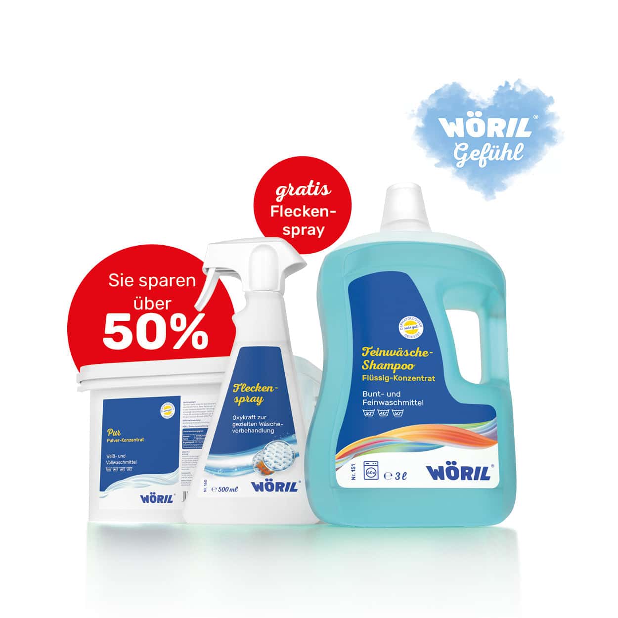 Drei Wöhrle - S' Beschde für dahoim! Waschmittel-Testpaket Produkte sind abgebildet, mit roten Etiketten, die über 50% Ersparnis und ein kostenloses Fleckenspray hervorheben. Das Wöhrle-Logo ist oben rechts zu sehen.