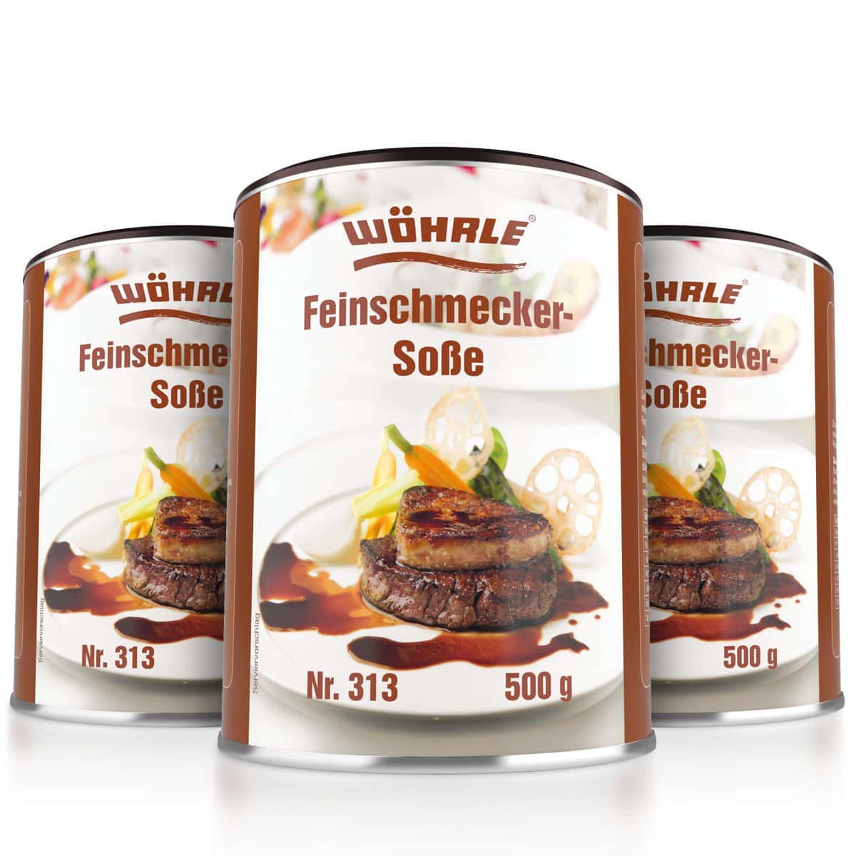 Wöhrle Feinschmecker-Soße 3 x 500g Dose vor weißem Hintergrund