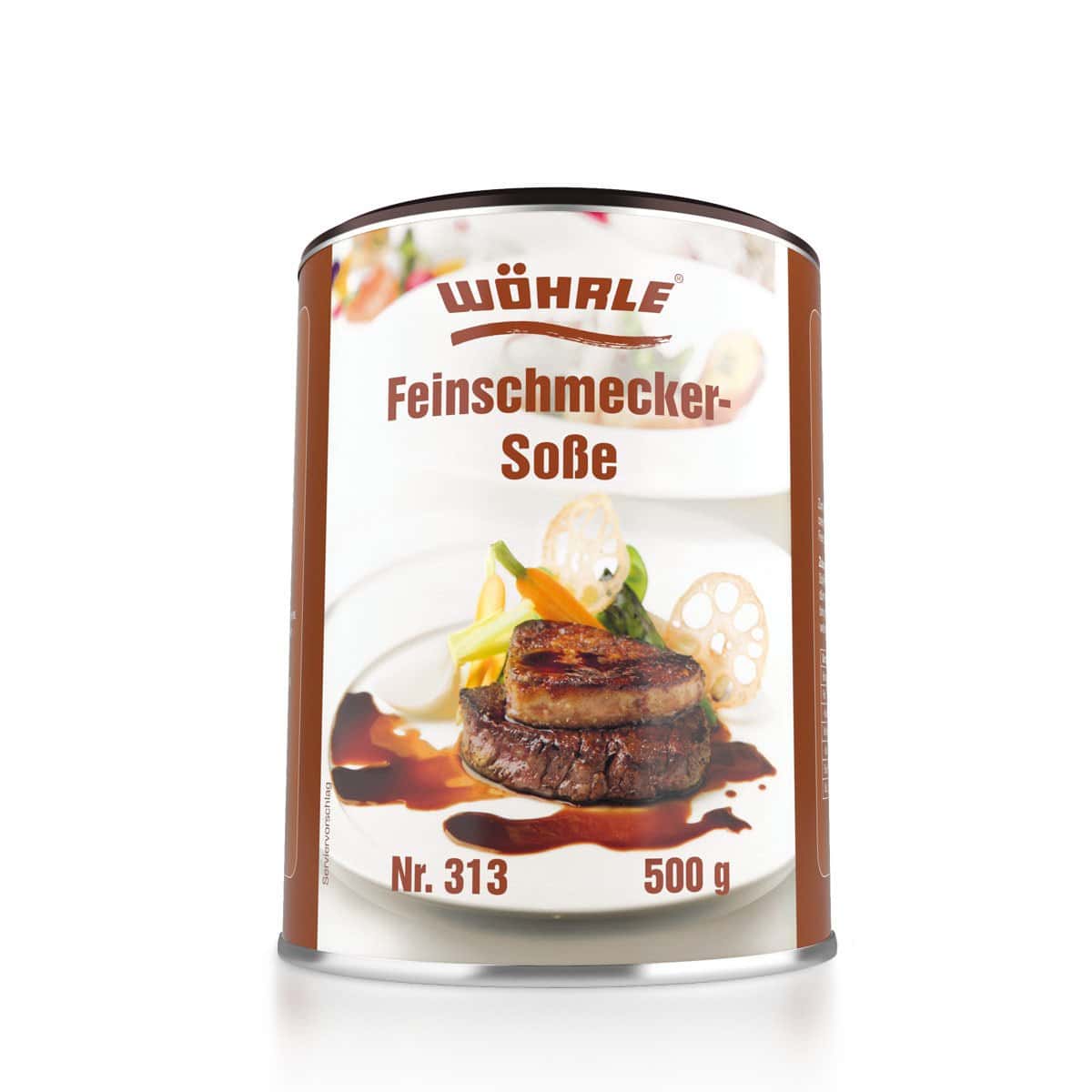 Wöhrle Feinschmecker-Soße 500g Dose vor weißem Hintergrund