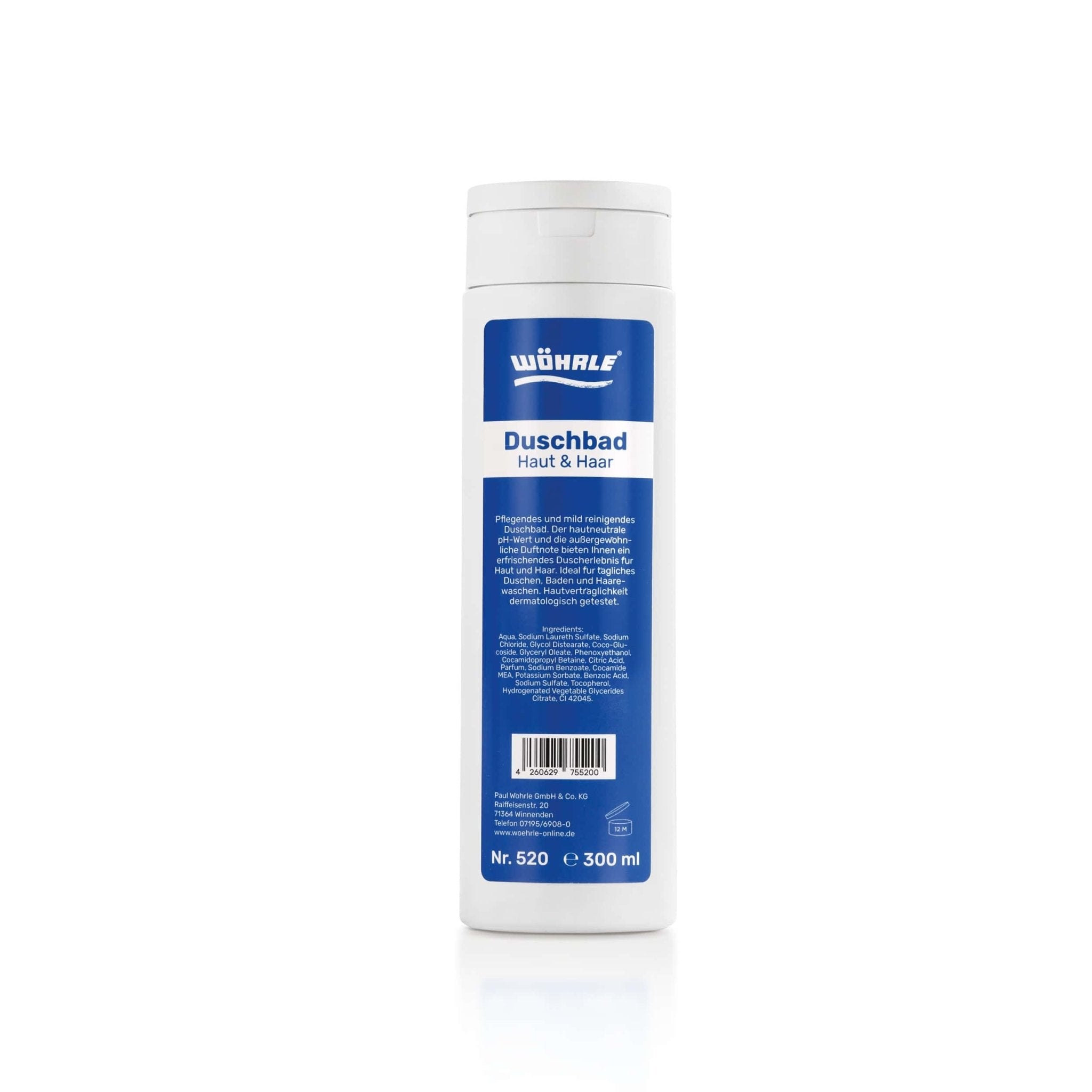 Woehrle Duschbad Flasche 300ml vor weißem Hintergrund