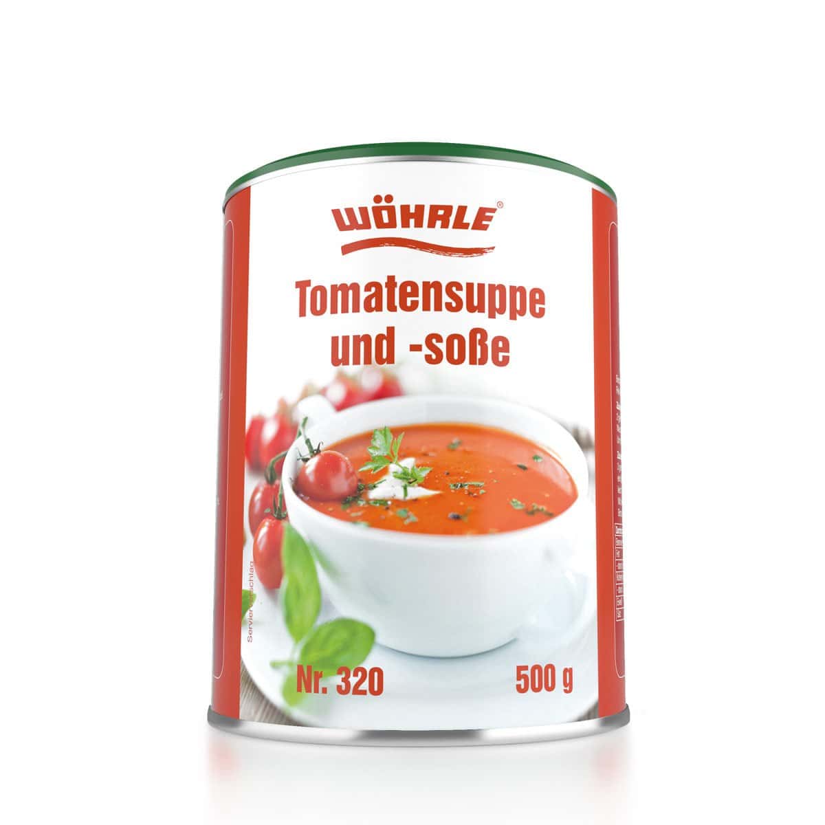 Wöhrle Tomatensuppe und -soße 500g Dose vor weißem Hintergrund